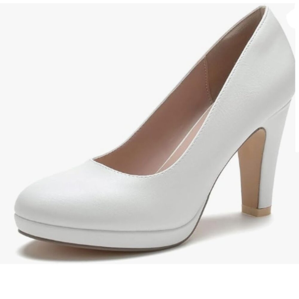miss left White Low Platform Chunky High Heels Slip On Closed Round Toe Pump